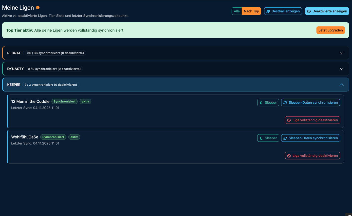 SleeperVision Vorschau: Ligen-Übersicht